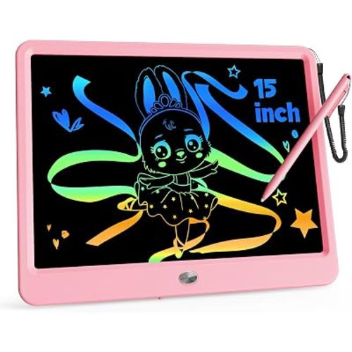 KOKODI 15 Inch LCD Writing Tablet with Anti-Lost Stylus, Erasable Doodle Board Colorful Toddler Drawing Pad, Car Travel School Games Toys for 3 4 5 6 7 8 Kids, Birthday Gift for Girls Boys Pink