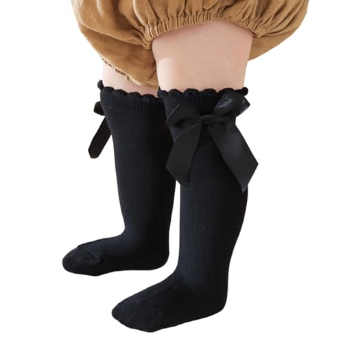 MIREAZW Baby Knee High Socks Newborn Ruffle Bow Socks Infant Long Sock Toddler Girls Uniform Stockings