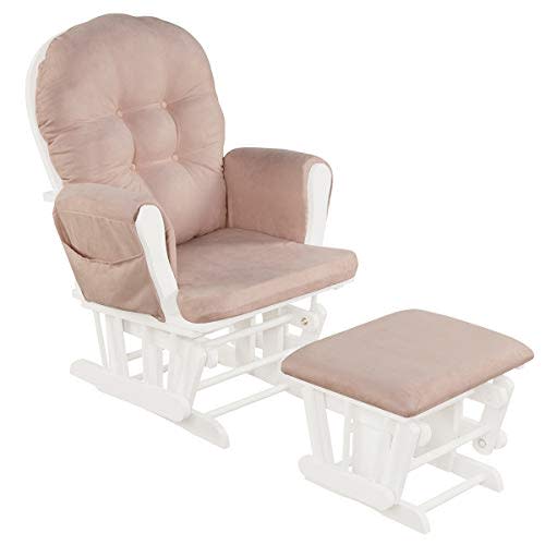 Costzon Nursery Glider with Ottoman, Upholstered Comfort Glider Rocker with Padded Cushion, Storage Pocket, Solid Wood Base, Rocking Chair Nursery for Breastfeeding, Napping (Pink)
