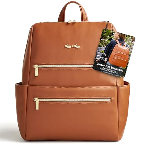 Itzy Ritzy Eras Diaper Bag Backpack – Large Capacity Backpack Diaper Bag Featuring Sleek Design, 15 Pockets, Changing Pad, Stroller Straps, and Luggage Sleeve (Cognac)