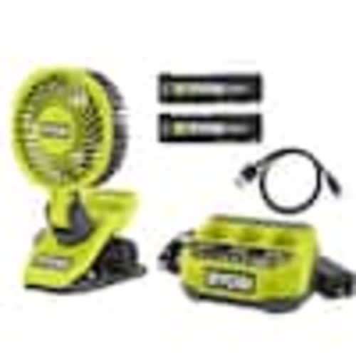 RYOBI USB Lithium Clamp Fan Kit with 2.0 Ah USB Lithium Battery, Charging Cable, 3 Ah Battery, and USB Lithium 3-Port Charger FVF51K-FVCH01-FVB03