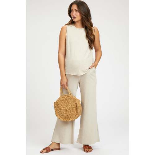 Beige Slub Knit Maternity Pants Set