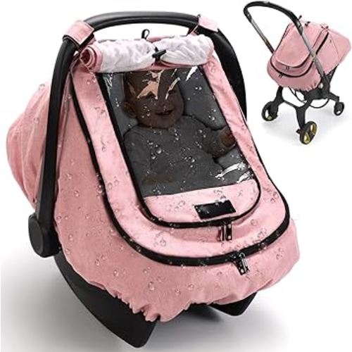 Waterproof Car Seat Cover for Baby, 2-Layer Car Seat Rain Cover with Clear Window & Sunshade & Mesh Cover, Universal Infant Carseat Canopy for Stroller, Protect from Rain and Snow - Pink