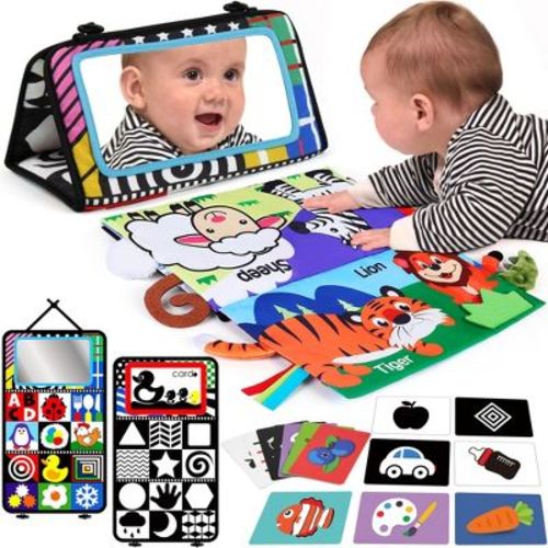 LotFancy Baby Tummy Time Mirror Toys, Crinkle Cloth Book Black and White High Contrast Infants Toys