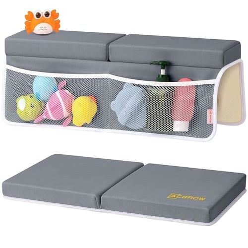 Bath Kneeler and Elbow Rest Pad Set - Comfortable 1.5” Thick Baby Bath Kneeler Pads with Toys Organizer, Non-Slip Knee Arm Support Bathtub Mat, Quick-Drying Kneeling Pad for Baby Bath Time