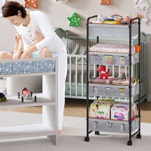 4-Tier Baby Diaper Caddy Cart Organizer,Mobile Nursery Baby Dresser Clothes Organizer with Wheels,with 2 Dividers & 21 Mesh Pockets，Metal Utility Cart for Nursery,Bedroom,Bathroom