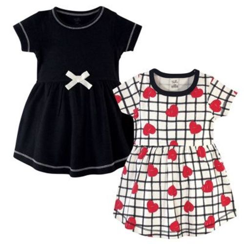 Touched by Nature Baby and Toddler Girl Organic Cotton Short-Sleeve Dresses 2pk, Black Red Heart, 6-9 Months