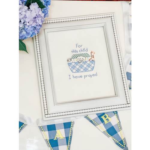 Blue Gingham Animal Noah’s Ark Embroidered Nursery Art | Framed Nursery Art For This Child I have Prayed Christian Nursery Gift Baby Shower