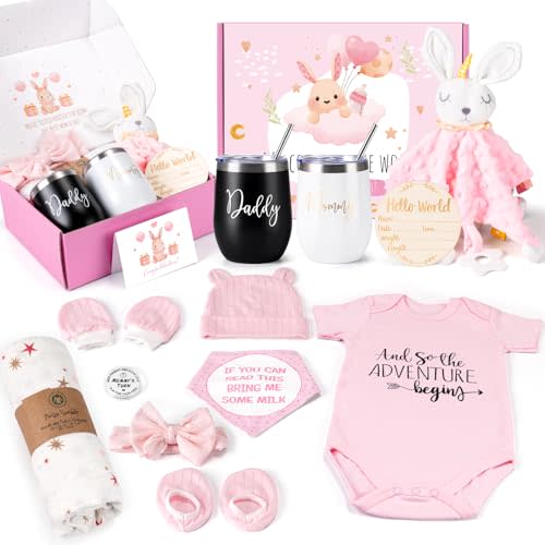 Baby Gift Set, Baby Girl Gifts, New Mom Gifts for Women, New Parents Gifts for Couples w/ New Mom and Dad Tumbler Newborn Essentials for Gender Reveal, Baby Shower Pregnancy Gifts for First Time Moms