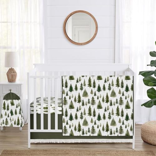 Sweet Jojo Designs 4-Piece Baby Crib Bedding Set (Sage Green Woodland) for Boys/Girls, Infants/Nursery incl. Blanket, Fitted Sheet, Skirt, Diaper Stacker (Forest Themed, Nature, Pine Tree, Abstract)
