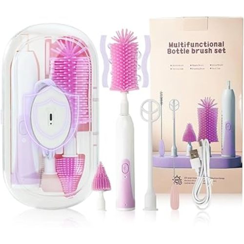 Electric Bottle Brush,Electric Baby Bottle Brush Set with Silicone Bottle/Pacifier/Straw Brush and Mixing Head, Water Bottle Cleaner Brush with Drying Rack, 2 Modes & 360° Rotation (Purple)
