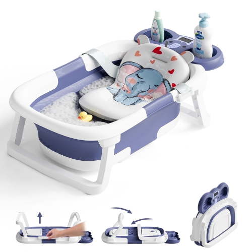 Tumajup Foldable Baby ‎Bathtub Elephant PP+TPE with Soft Cushion&Thermometer for 0-36 Months Toddler Gray