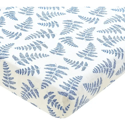 Margaux & May Organic Muslin Cotton Baby Crib Sheet, Blue Fern Print, Fitted, Breathable, Toddler Bedding, 52 x 28, Deep Pocket, Organic Crib Sheets for Cozy Sleep