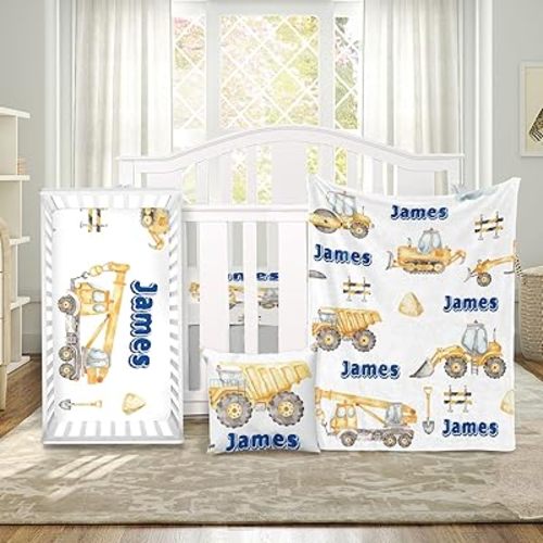 Custom Baby Crib Bedding Set 3 Piece - Personalized Name with Vehicles Design - Soft Chic Blanket, Crib Sheet, Pillowcase for Newborns Boys Girls Nursery Gifts Color18-Construction Cars
