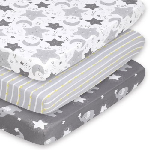 The Peanutshell Mini Crib Sheet Set for Boys and Girls - 3 Pack - Multiuse for Pack n Play, Playard, Playpen, Mini Crib - Celestial Elephant