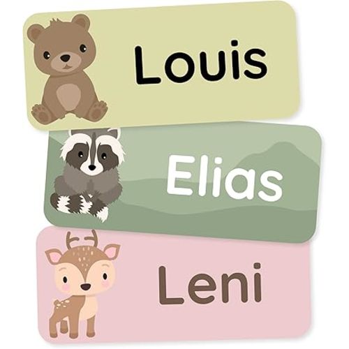 Personalized Name Labels for Kids (120) – Clothing Labels & Daycare Labels – Custom Waterproof Stickers for School Supplies - Forest Animals