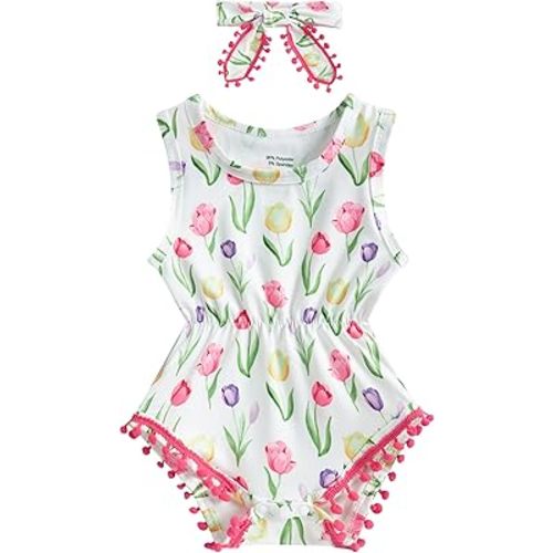 UNICOMIDEA Baby Girls Outfit Newborn Romper Jumpsuits Sleeveless One-Piece Clothes 0-24 Months Bodysuit with Headband