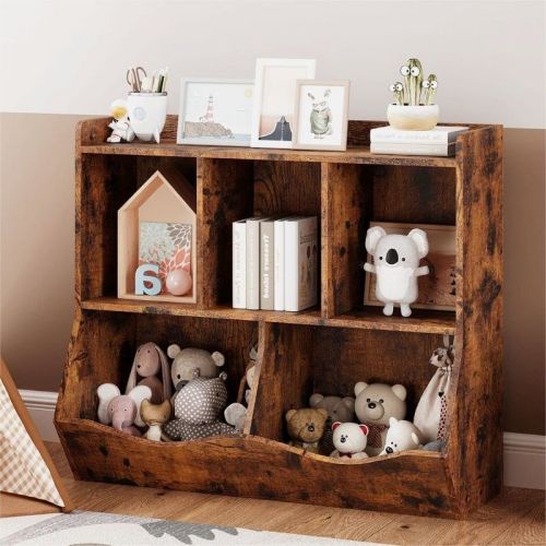 Kids Toy Storage Organizer with 5-Section Cubby Bookshelf, Wooden Cabinet for Playroom & Nursery