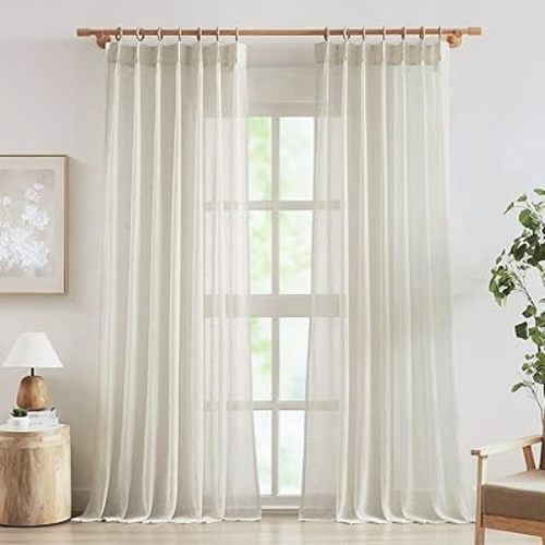 FMFUNCTEX Linen Sheer Pinch Pleated Curtains for Living Room, Linen Flax Beige 96 Inches Long Sheer Curtain Panels for Bedroom, Natural Back Tab Window Drapes for Farmhouse, Rod Pocket 2 Panels
