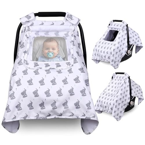 Elephant Car Seat Cover Baby Boy,Mesh Window Infant Carseat Canopy | 2 Layers Window with Breathable Mesh & Velvet, Lightweight Stroller Sun Shade, Soft Carrier Cover for Newborns, 40" x 30"