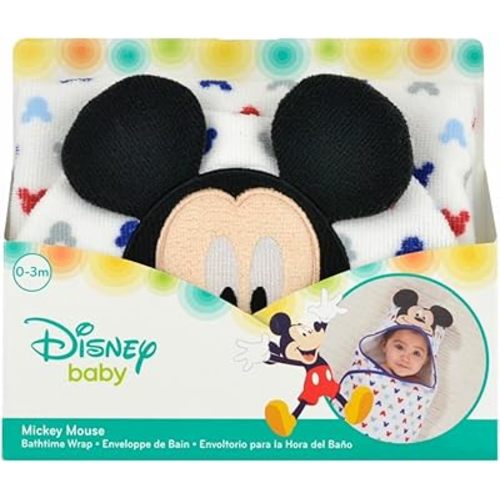 Disney Baby Mickey Mouse Embroidered Hooded Bath Swaddle, White, Blue, Red, Grey, 24.5"L X 12"W