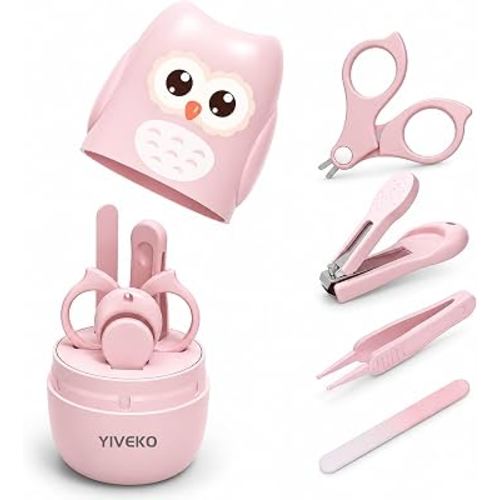 YIVEKO Baby Nail Kit, 4-in-1 Baby Nail Care Set with Cute Case, Baby Nail Clippers, Scissors, Nail File & Tweezers, Baby Manicure Kit and Pedicure kit for Newborn, Infant, Toddler, Kids-Owl Pink