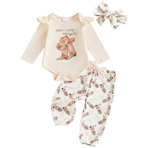 Western Newborn Baby Girl Fall Winter Clothes Cowgirl Ruffle Long Sleeve Romper + Jogger Pant 3Pcs Outfit Set