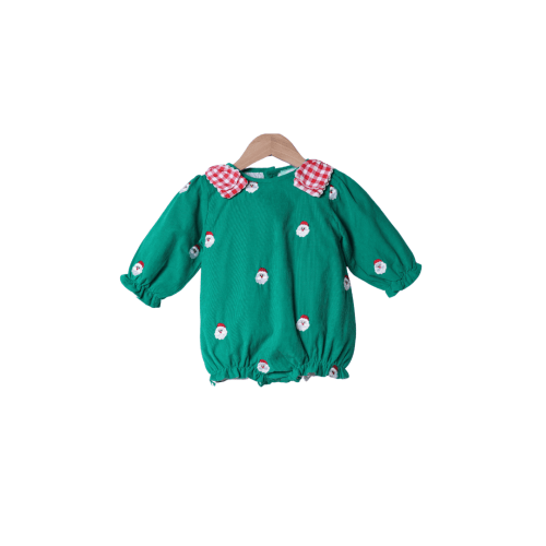 Embroidered Santa Green Corduroy Bow Bubble