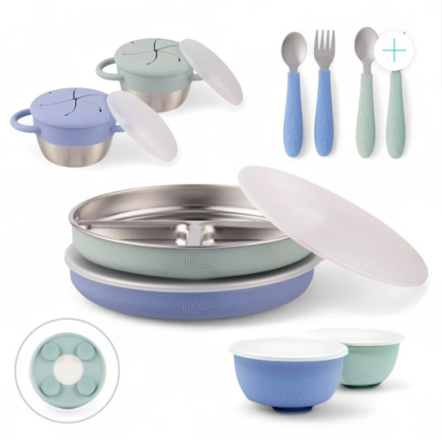 Stainless Steel Mealtime Bundle | Plates, Bowls, Snack Cups + Toddler Utensils | Suction Sleeves | Sage/MistyBlue