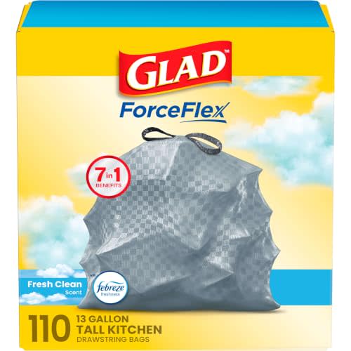 Glad Tall Kitchen Drawstring Trash Bags - Odorshield 13 Gallon White Trash Bag, Febreze Fresh Clean, 110 Count | Febreze Freshness, Rip and Tear Resistant, Fresh Clean Scented Garbage Bags, Household Essentials