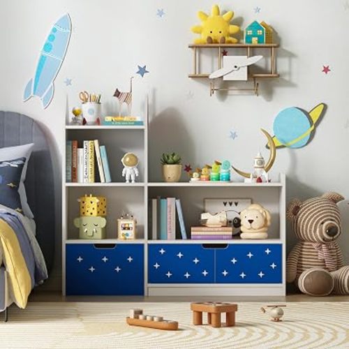 BVIUNTWO Kids Bookshelf and Toy Storage Organizer, Rocket Ship Theme Children’s Bookcase with Star Drawer & 2-Door Cabinet, Multi-Tier Wooden Playroom Storage Unit for Nursery & Bedroom