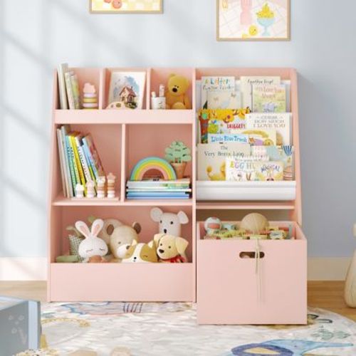 Arceso 4 in 1 Kids Bookshelf and Toy Storage Organizer, 3-Tier Toy Organizers with Removable Toy Bin, Toddler Sling Bookshelf with Storage Cubbies