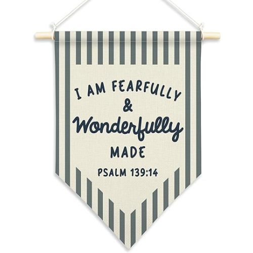 Hiuwevt Christian Nursery Wall Art, Bible Verse Pennant Flag Poster Hanger Frame, I Am Fearfully and Wonderfully Made Religious Wall Art Decor for Kids Girl Boy Nursery Room Bedroom, 11x15 Inch