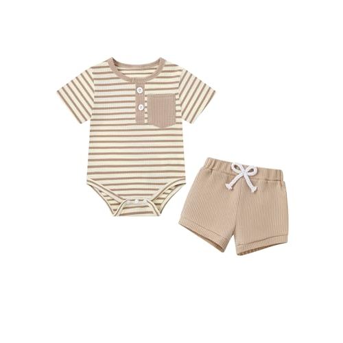 Coco&RARA Baby Boy Clothes outfits 0-24 Months Summer Newborn Infant | Soft, Cute Short Sleeve Buttons Rompers, Crew Neck, Elastic Waist Shorts Set, Spring Summer Fall, Toddler Little Kids
