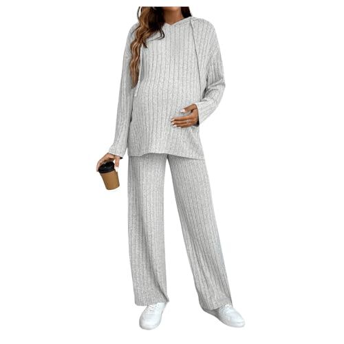 MakeMeChic Women's Maternity 2 Piece Outfits Lounge Set Ribbed Knit Long Sleeve Hoodie and Pants Pregnancy Set