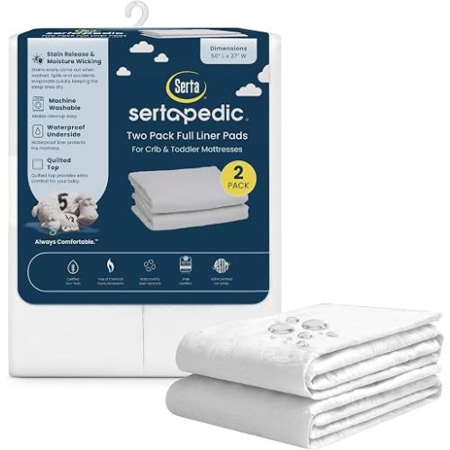 Serta Sertapedic Crib Mattress Liner Pads (Pack of 2) - 100% Waterproof with Nanotex Technology - Ideal for Potty Training - Washable (White)