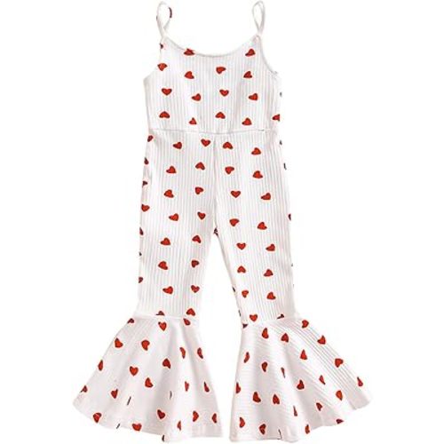 Toddler Baby Girls Bell-Bottoms Jumpsuit Ribbed Sleeveless Spaghetti Straps Romper Heart Valentines Outfit