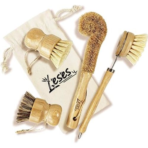 LESES Dish Brush Natural Bamboo Dish Scrub Brush Set with Handle 100% Plastic Free Eco Friendly Cleaning Brushes for Kitchen Cleaning Dish, Bottle, Pots, Pans