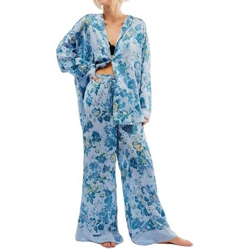 Yimoon Satin Pajama Set for Women Silk Pajamas Set 2 Piece Floral Cute Pj Set Long Sleeve Pjs Sleepwear