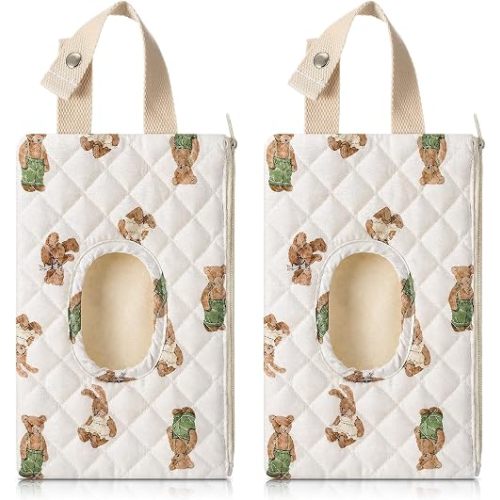 2 Pcs Bear Quilted Diaper and Wipes Pouch Portable Hanging Bear Wet Wipe Bag with Handle Reusable Wipes Pouch for New Parents Stroller Car Shower Nursery Travel Infant Diapering Organizer