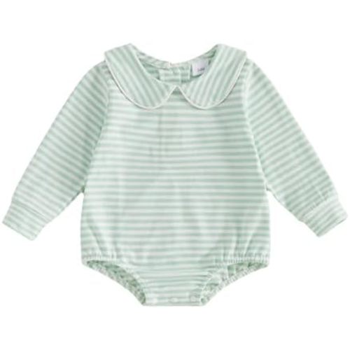 Newborn Baby Boy Girl Fall Outfit Long Sleeve Bubble Romper Peter Pan Collar Striped Bodysuit One Piece Clothes