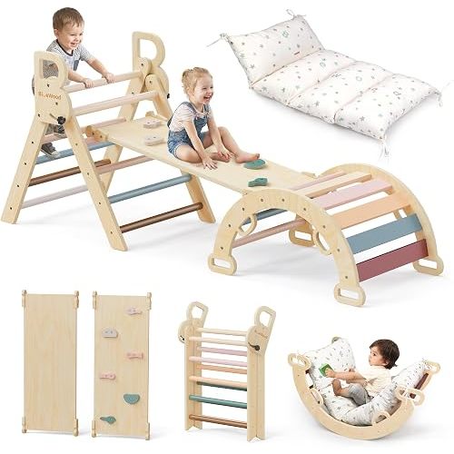 BlueWood Pikler Triangle Set with Cushion, 8-in-1 Climbing Toys for Toddlers, Montessori Philosophy Play Jungle Gym with Arch, Ramp, Ladder(Mauve Pink)
