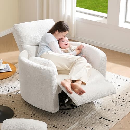 Jocisland Power Recliner Nursery Chair for Adults, Electric Swivel Rocking Glider with USB & Type-C Charge, Teddy Sherpa Armchair with 2 Pillows, Cozy Reclining Sofa for Living Room, Bedroom, White