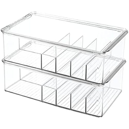 mDesign Stackable Plastic Storage Organizer Container for Kitchen Cabinets, Pantry, Countertops - Holds Kids, Child/Toddler Mealtime Sets, Small Accessories - 6 Sections - BPA Free, 2 Pack - Clear
