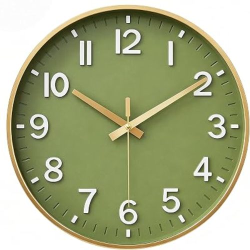 HZDHCLH Wall Clocks Battery Operated,Wall Clock Green Gold,8 inch Wall Clock Silent Non Ticking Modern 3D Numbers for Kitchen Bedroom Living Room Office Classroom Decor