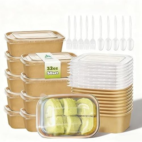 50 Pack 32 OZ Large Paper Bowls with Lids【with Spoons and Forks】, Heavy Duty Disposable Meal Prep Containers for Party, Disposable Bowls Bulk Soak-Proof and Microwave Safe for Hot/Cold Use