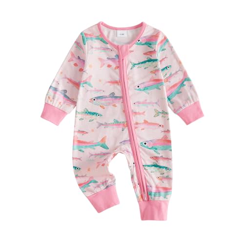 Newborn Baby Girl Boy Fishing Outfit Fish Romper Zipper Jumpsuit | Baby Fishing Clothes,Fish Print Long Sleeve Romper,Zip Up Jumpsuit,Infant Coming Home Clothes Fall/Winter