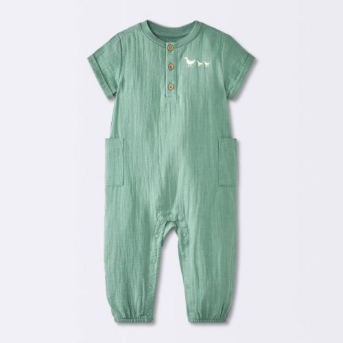 Baby Boys' Embroidered Ducks Graphic Textured Pocket Romper - Cloud Island™ Green Newborn