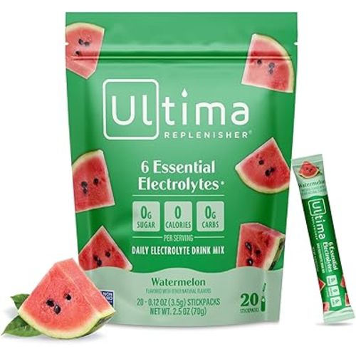 Ultima Replenisher Daily Electrolyte Powder – Watermelon, 20 Stickpacks – Zero Sugar Hydration Packets with 6 Electrolytes and Minerals – Sugar Free, Plant Based & Keto Friendly Drink Mix