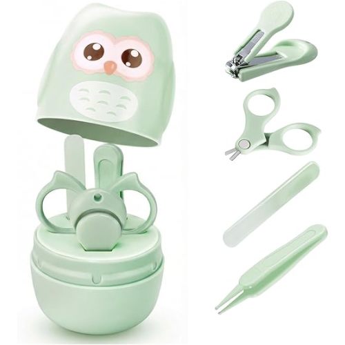 Baby Nail Kit, Baby's Manicure Kit and Pedicure kit with Cute Owl Shape Case Nail Clipper, Scissor, Nail File & Tweezer for Newborn, Infant & Toddler, Mothers Day Gifts(Green)